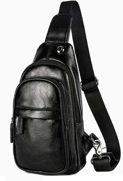 Чоловіча мужская черная кожаная сумка бананка слинг на груди барсетка