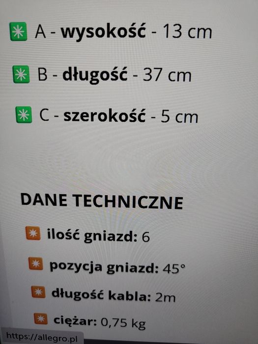 Przedłuzacz zasilający Listwa 6 Gniazd indywidualne wyłączniki 2 m cza