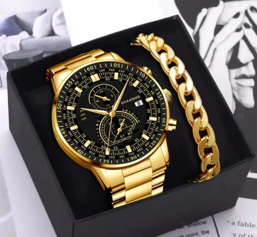 Nowy zegarek męski na złotej bransolecie i złota łańcuszkowa bransolet