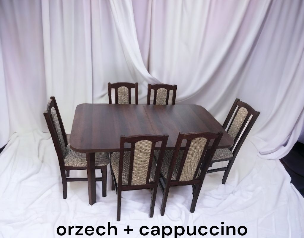 Nowe: Stół 80x140->180 + 6 krzeseł, orzech + cappuccino, dostawa PL