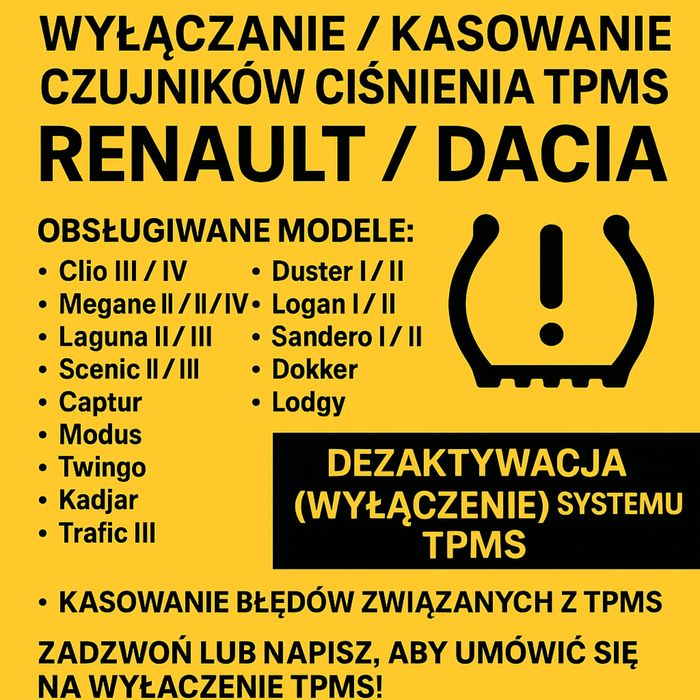 Wyłączanie / kasowanie czujników ciśnienia TPMS Renault Dacia Szczecin