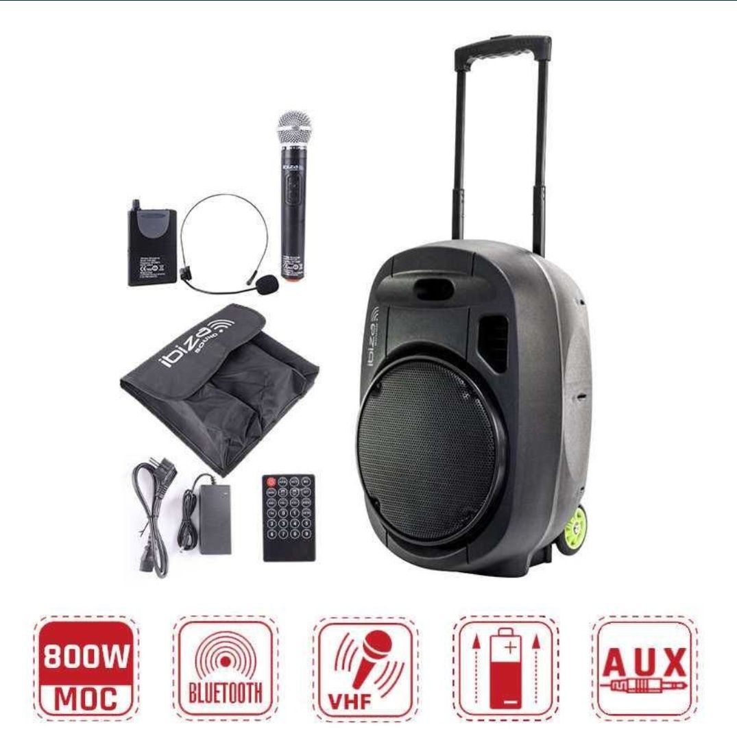 Dwie kolumny Ibiza Port 15" 800W USB, Bluetooth, mikrofony, pokrowce
