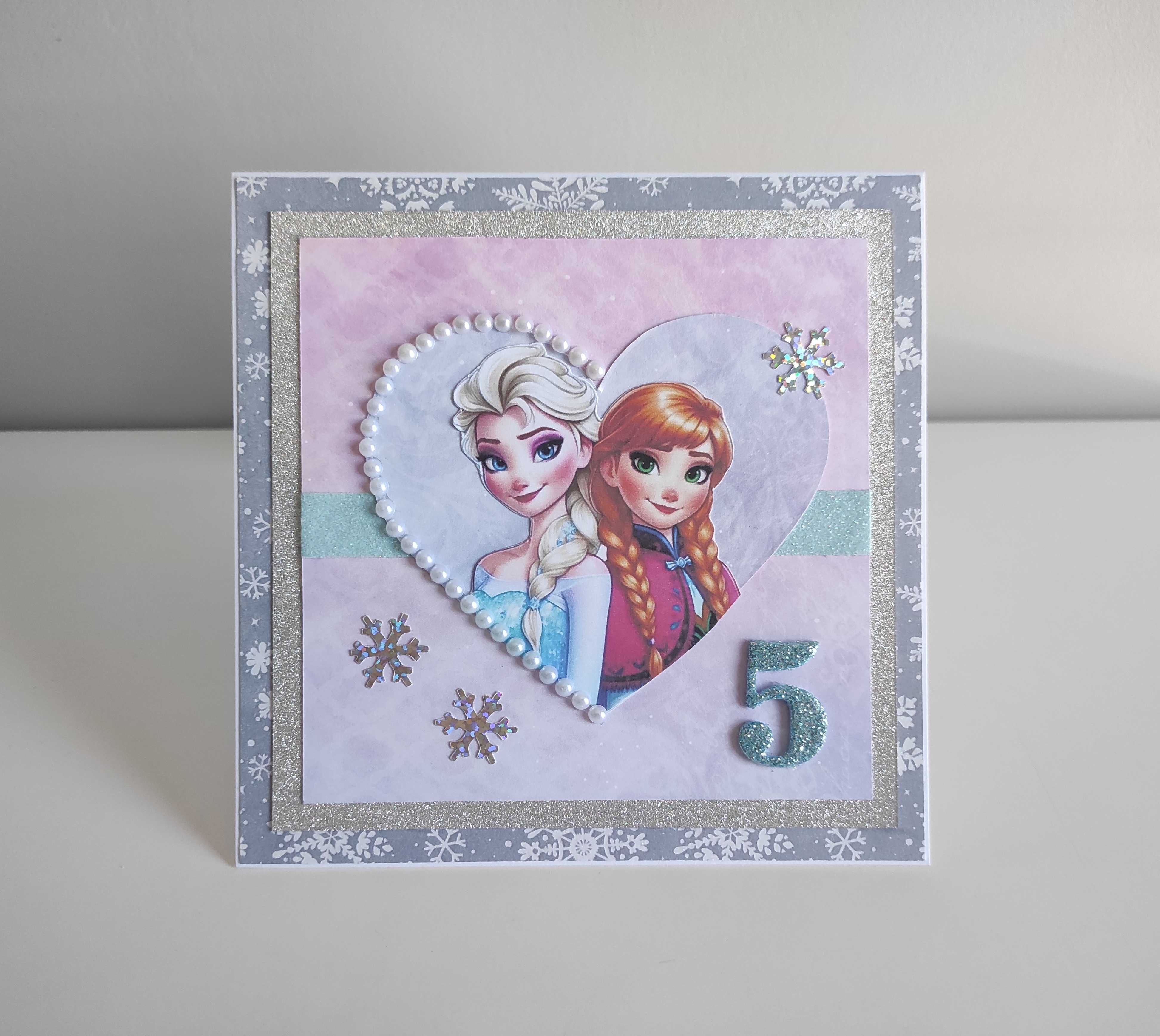 Kartka ręcznie robiona na urodziny Kraina Lodu Anna i Elsa