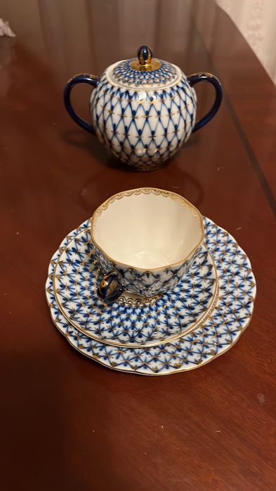 Кофейные тройки сахарница ЛФЗ кобольтовая сетка фарфор