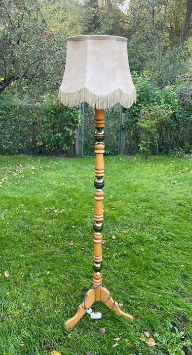 Lampa podłogowa stojąca drewno+mosiądz abażurem skóra VINTAGE komplet