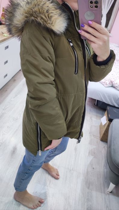 Kurtka parka Stradivarius z kożuszkiem kaptur khaki długa Stradivarius
