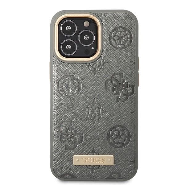 Etui Guess Peony Logo Plate MagSafe na iPhone 13 Pro Max - szare
