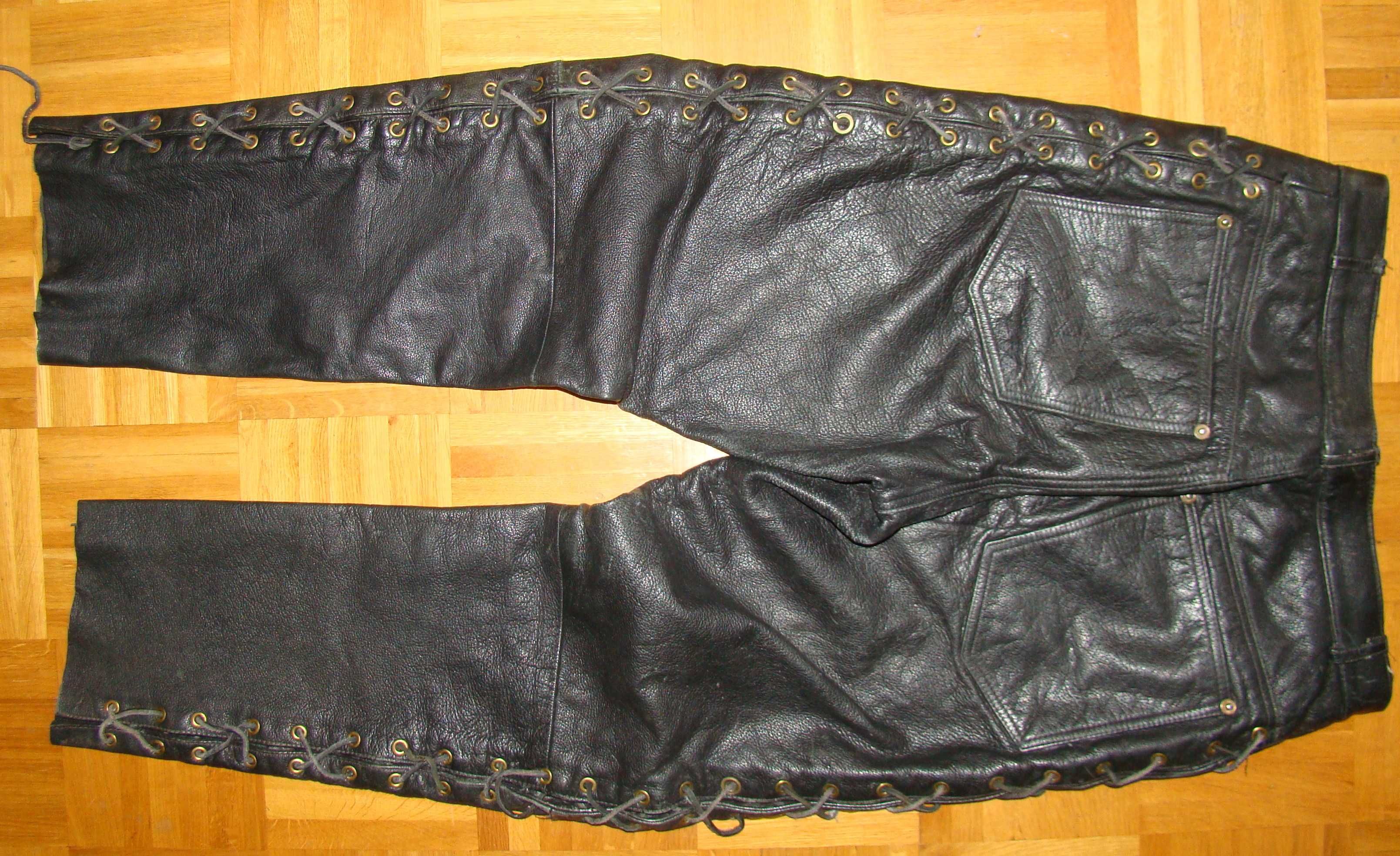 Piękne skórzane spodnie z trokami, wiązane pas 80-82 wzr do 173 cm