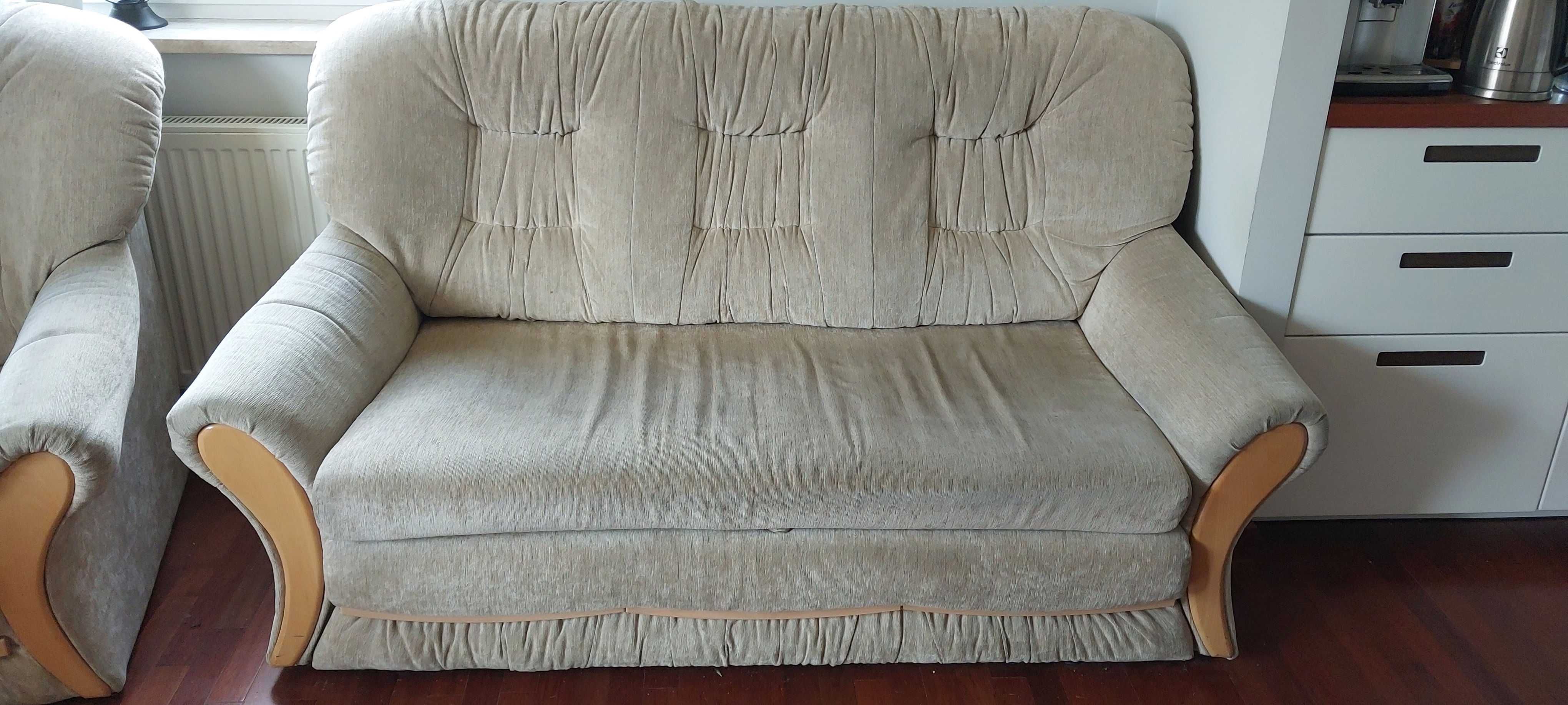 Beżowa rozkładana sofa z pojemnikiem (amerykanka) i fotel (Jagodno)