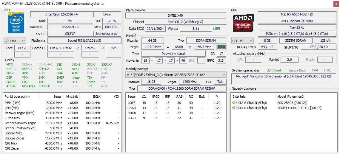 Komputer Gamingowy / 2 procesory/ 64Gb DDR4/1Tb ssd/RX 6600