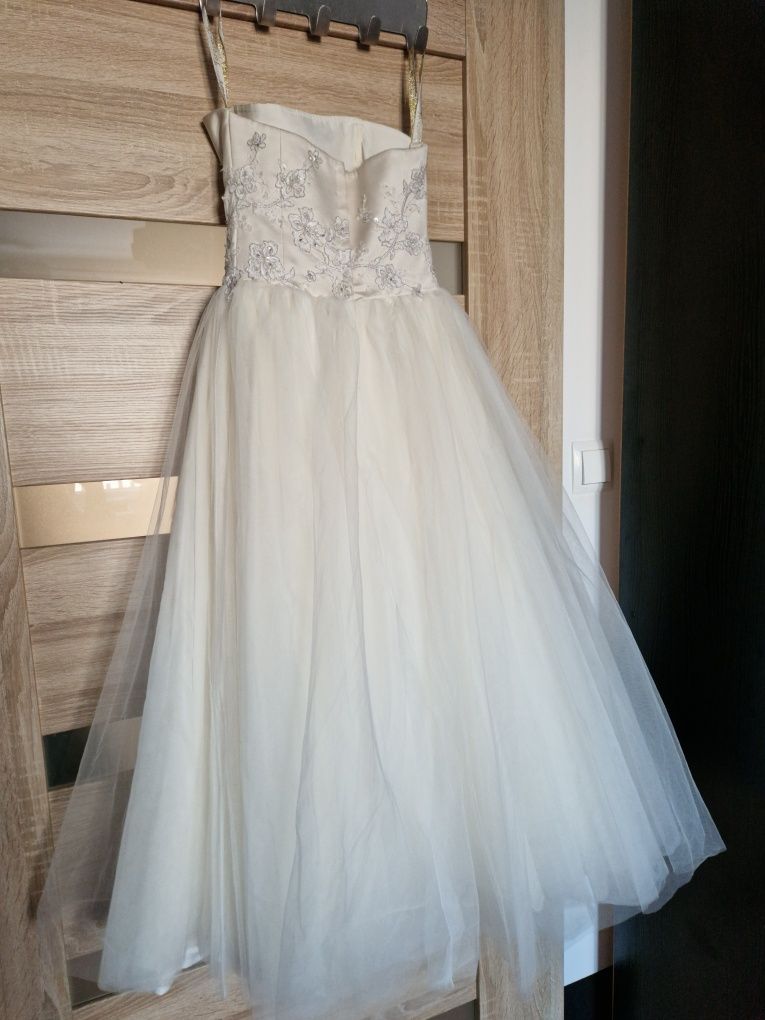 Sukienka ecru ślubna, XS- XXS, typu księżniczka, midi