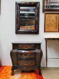 Conjunto de pequena cómoda antiga e espelho - Madeira forrada a couro