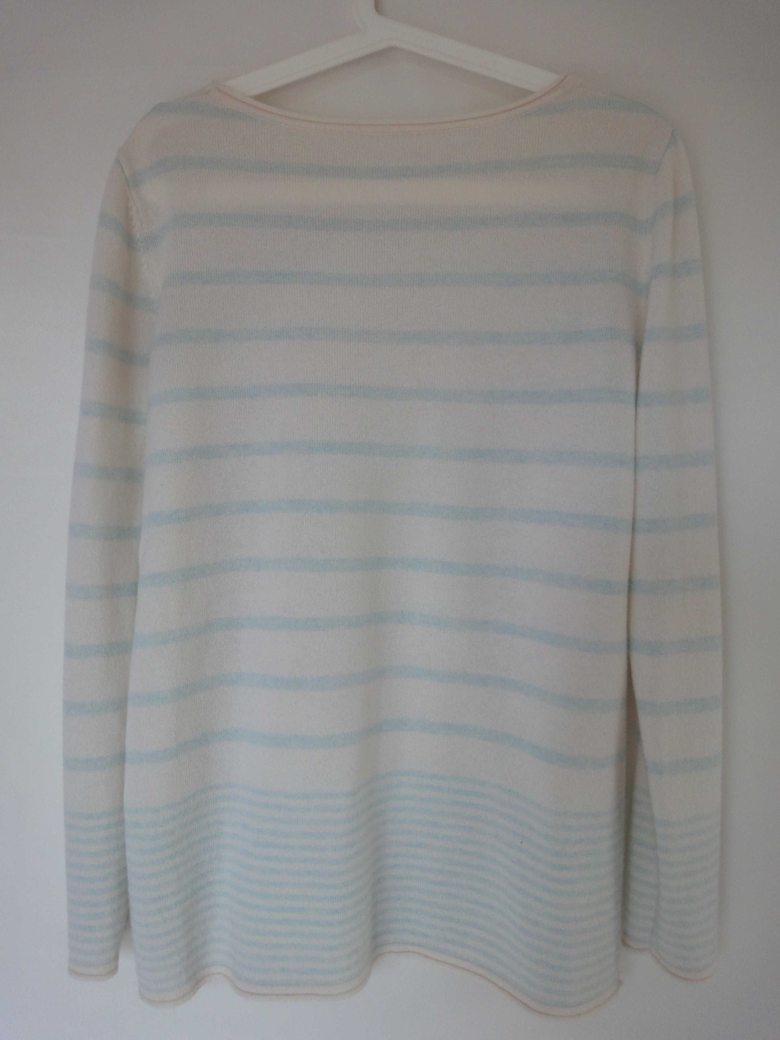 Piękny ecru sweterek w  błękitne paski – merino 90%, kaszmir 10%  40
