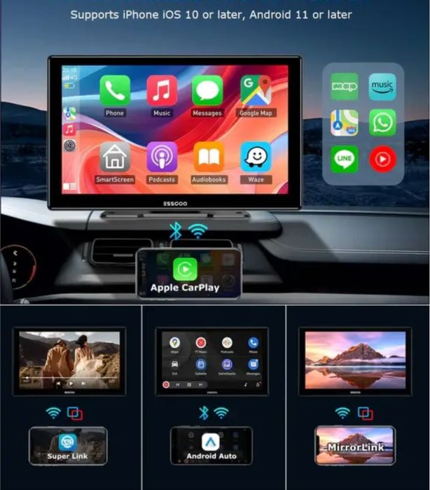 Essgoo 991CP 9 дюймів бездротовий дисплей для CarPlay Android Auto