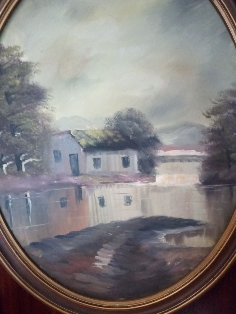 Antiga pintura de paisagem em óleo sobre platex com moldura