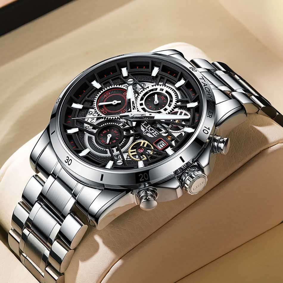 Relógio Masculino LIGE Luxuoso bracelete metal prateado