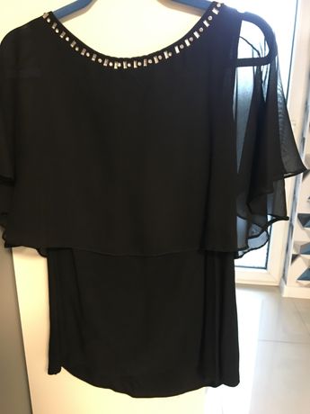 Elegancka czarna bluzka nietoperz z zdobieniem L 40