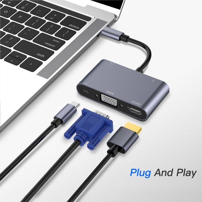 2 монитора! Адаптер 5в1 Type-C to HDMI, VGA, 3.5mm, USB 3.0, Charging