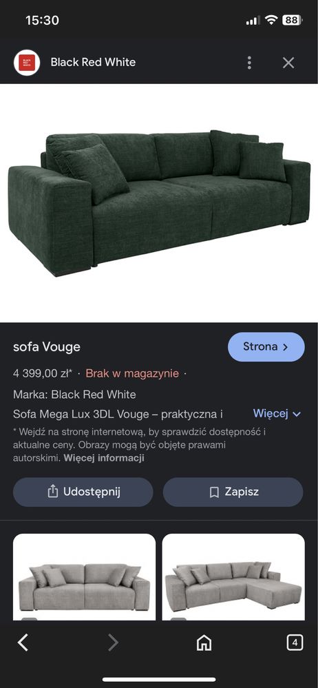 Sofa ciemnozielona z funkcją spania Black Red White nowa