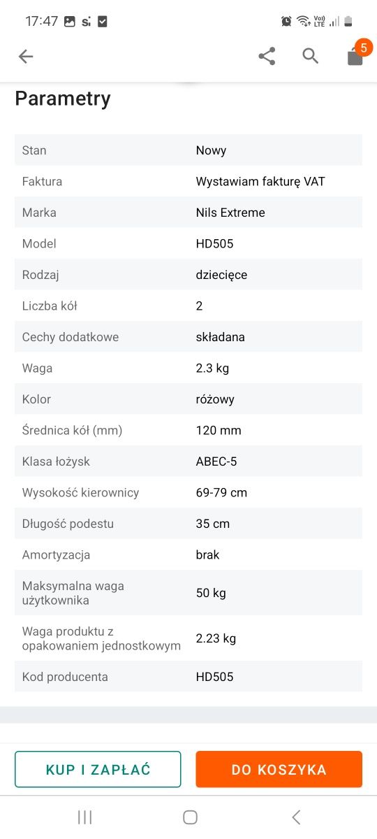 Hulajnoga Nils Extreme świecące kółka 5-7 lat