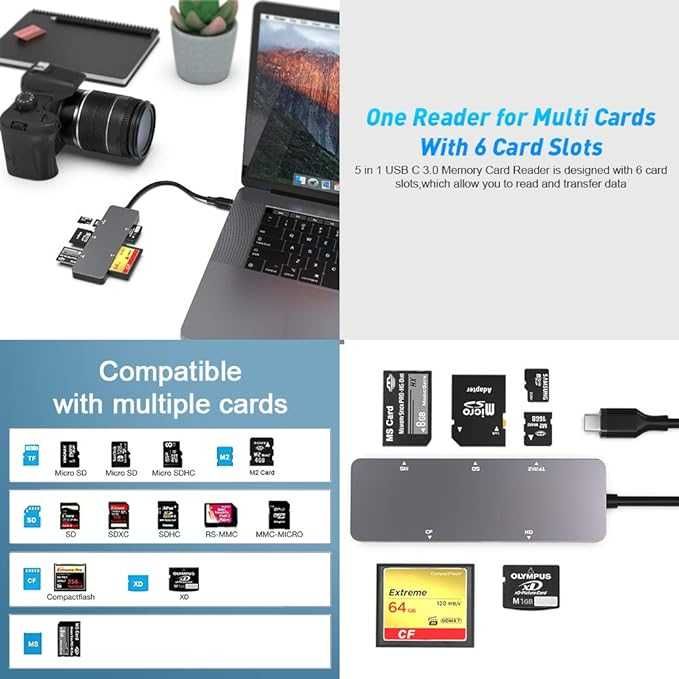 Czytnik kart USB-C na SD/MicroSD, adapter kart pamięci 5 w 1