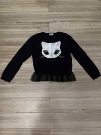 H&M czarny sweterek/tunika cekinowy kot rozmiar 134/140cm.
