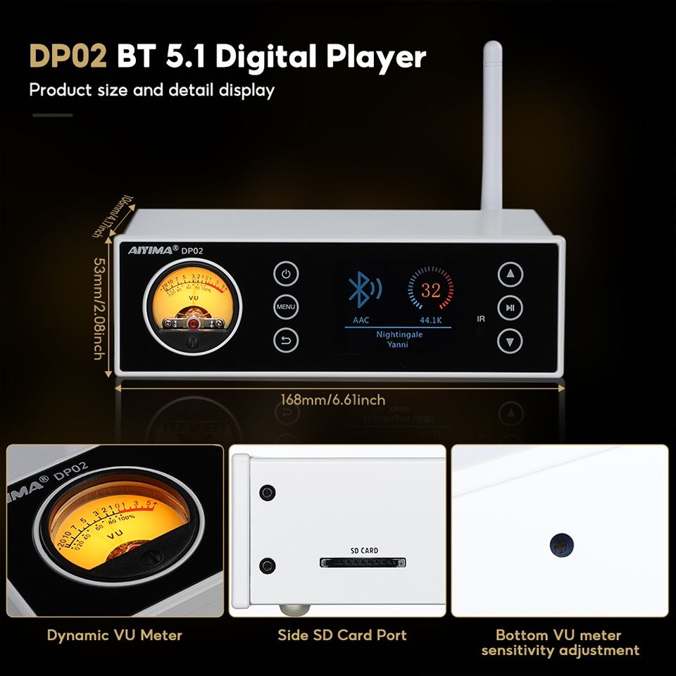 Aiyima DP02 HiFi Bluetooth 5.1 Цифровой Плеер Предусилитель / VU-метр