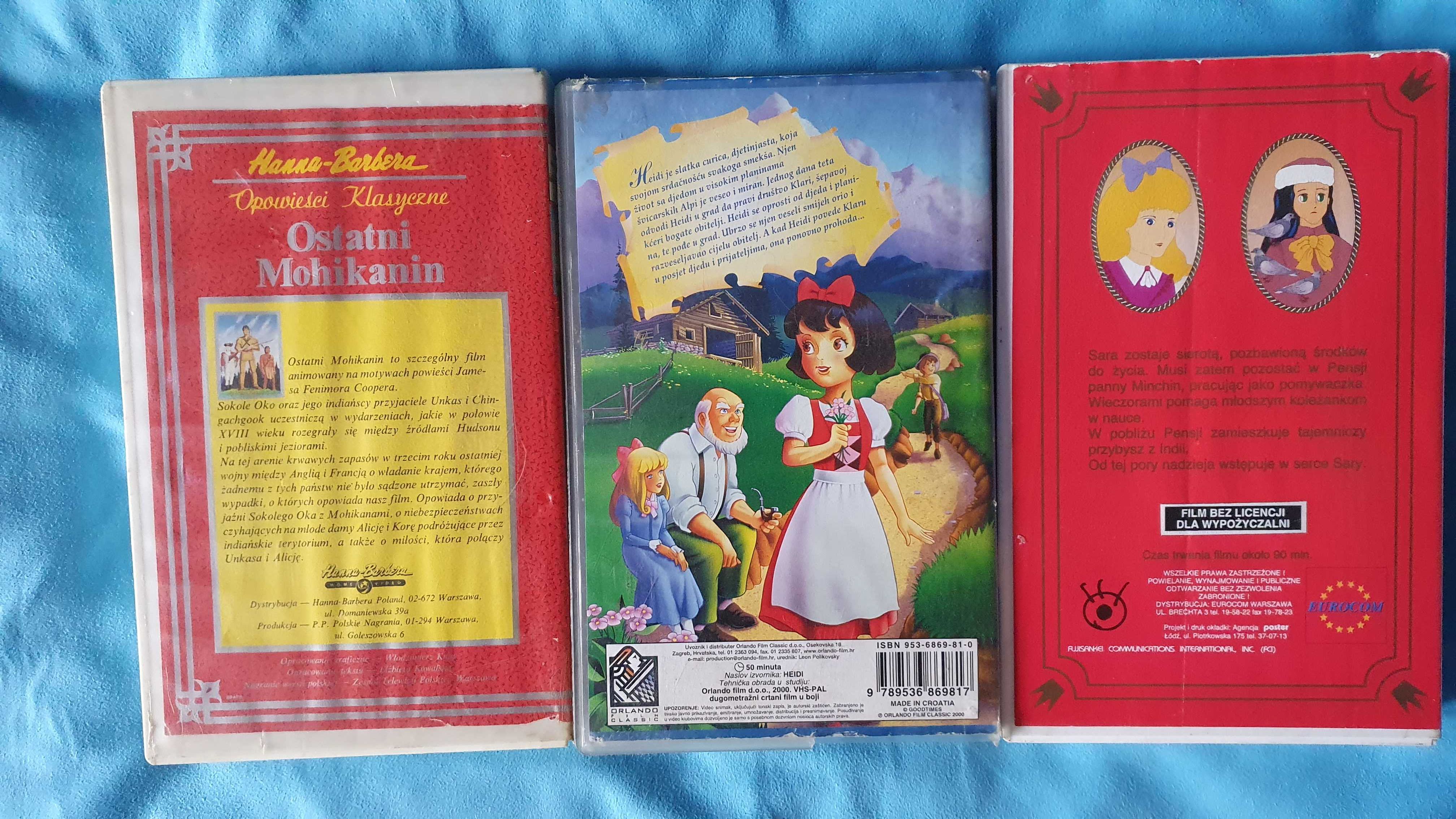 Bajki na kasetach VHS - Mała Księżniczka, Heidi, Ostatni Mohikanin