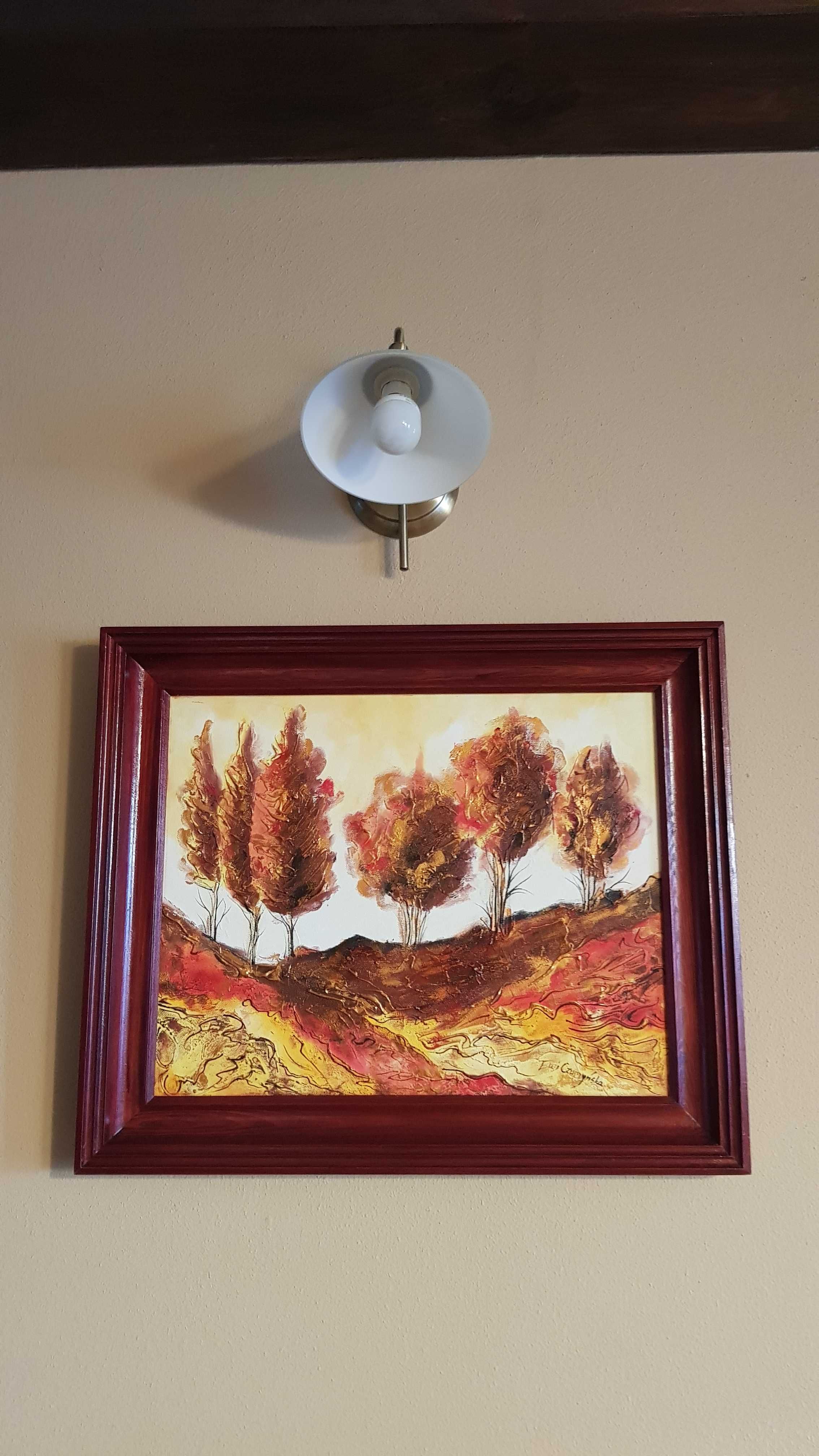 Obraz olejny krajobraz drzewa połysk jesień czerwienie bordo