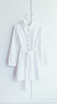 Zara biała bawełniana sukienka wiązana w pasie koszulowa