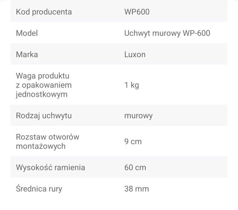 Uchwyt antenowy murowy 60cm TV SAT prosty dachowy WP-600 Luxon