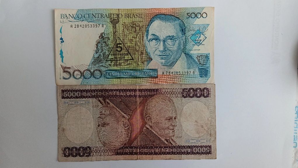 2 notas de 5.000 cruzados e 5000 cruzeiros