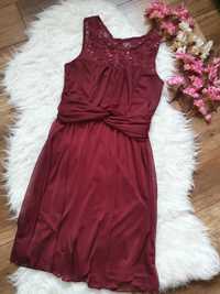 XA77 sukienka damska mini rozkloszowana koronka bordowa wesele