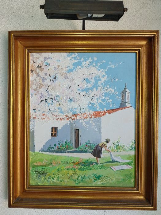 Antigo quadro com candeeiros, em talha dourada