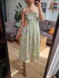 Romantyczna bawełniana pistacjowa letnia sukienka MIDI w kwiaty M/L