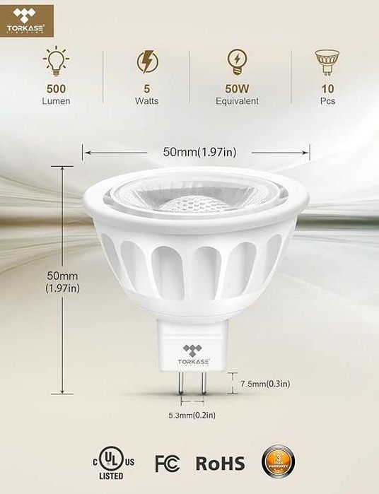 LED MR16 Torkase – 5 W (odpowiednik 50 W), ciepła biała 3000 K, kąt 36