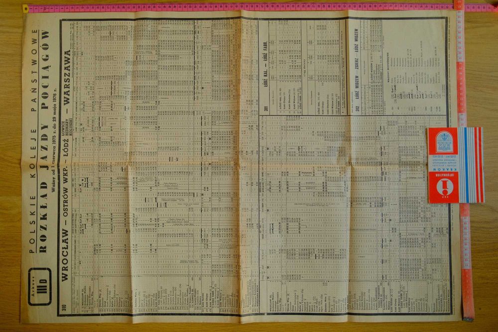PKP - Rozkład Jazdy Pociągów - 1975r - Wrocław-Ostrów-Łódź-Warszawa