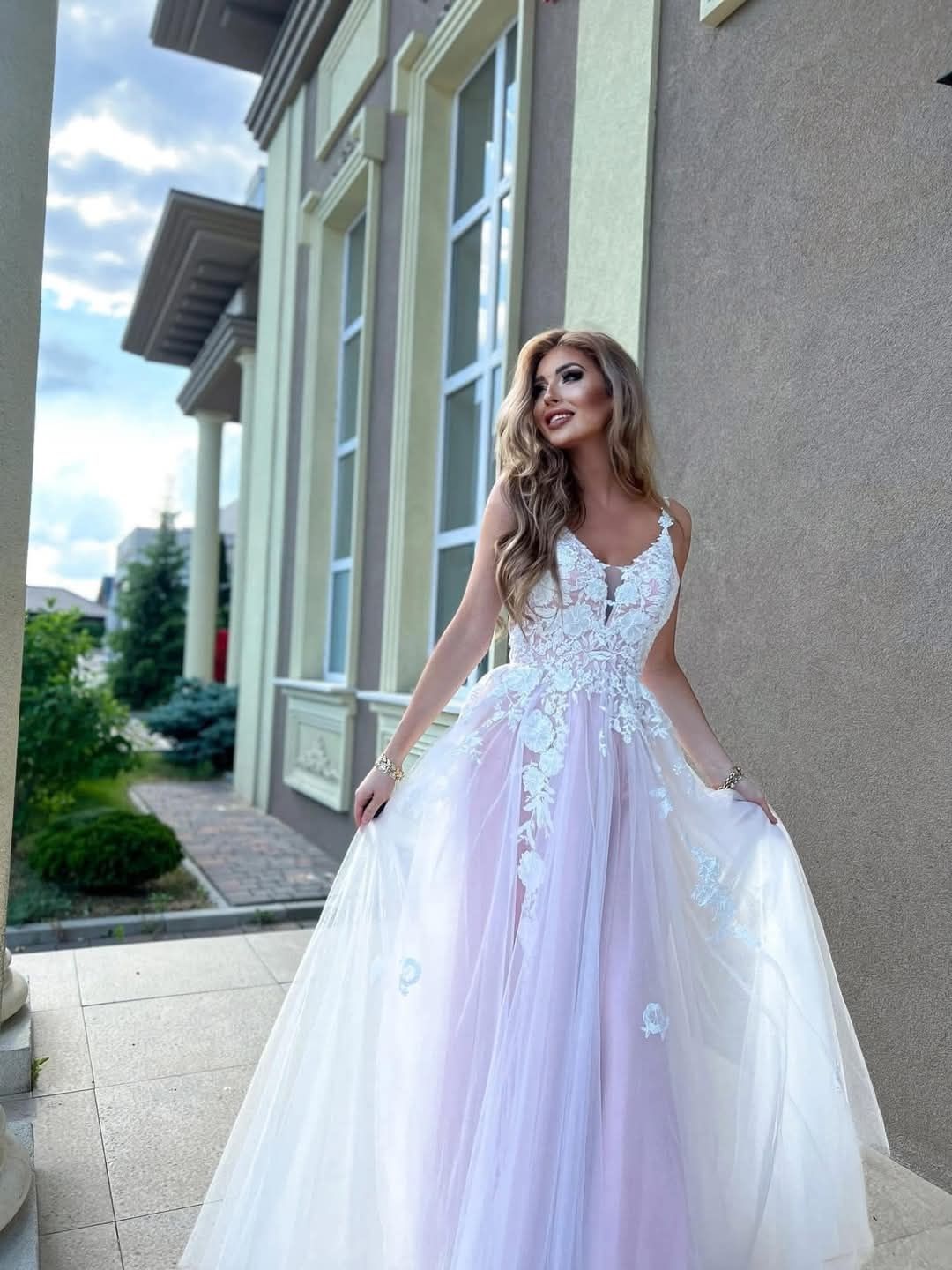 Sukienka garden 42/XL długa ślubna biała różowa nowa tiulowa nowa
