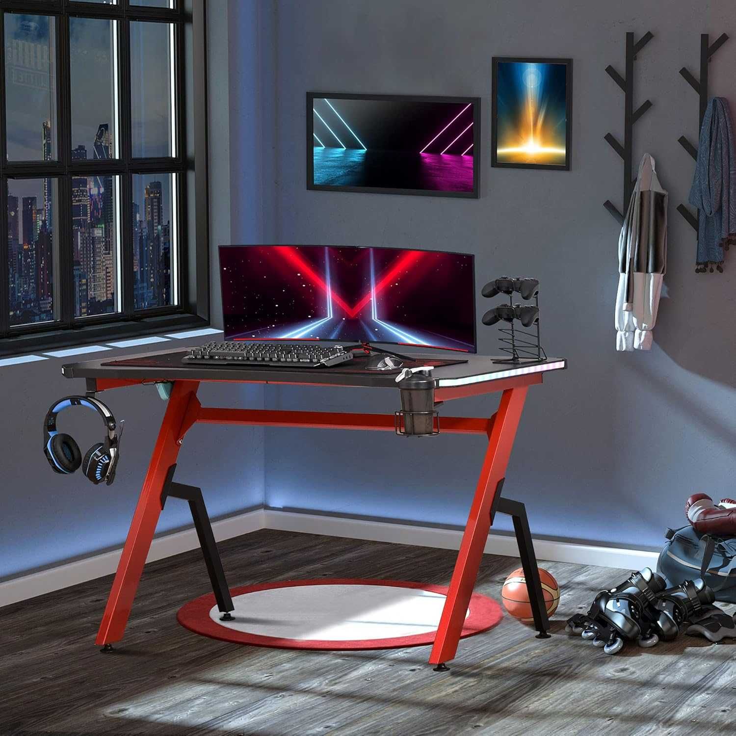 Mesa de gaming ergonómica 120x66  com LED suporte comandos porta-copos