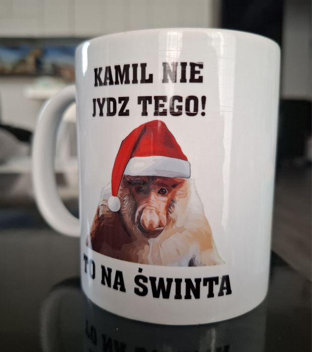 Śmieszny kubek z imieniem Kamil na święta, Mikołajki, nosacz