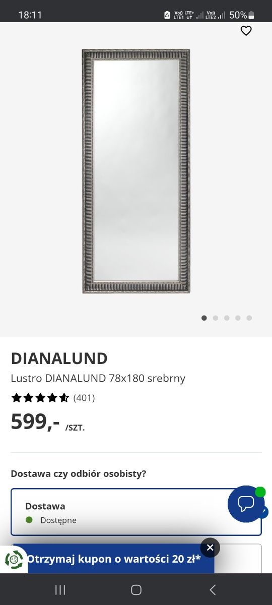 Lustro DIANALUND 78x180 srebrny jysk nowe srebrne rama
(401)