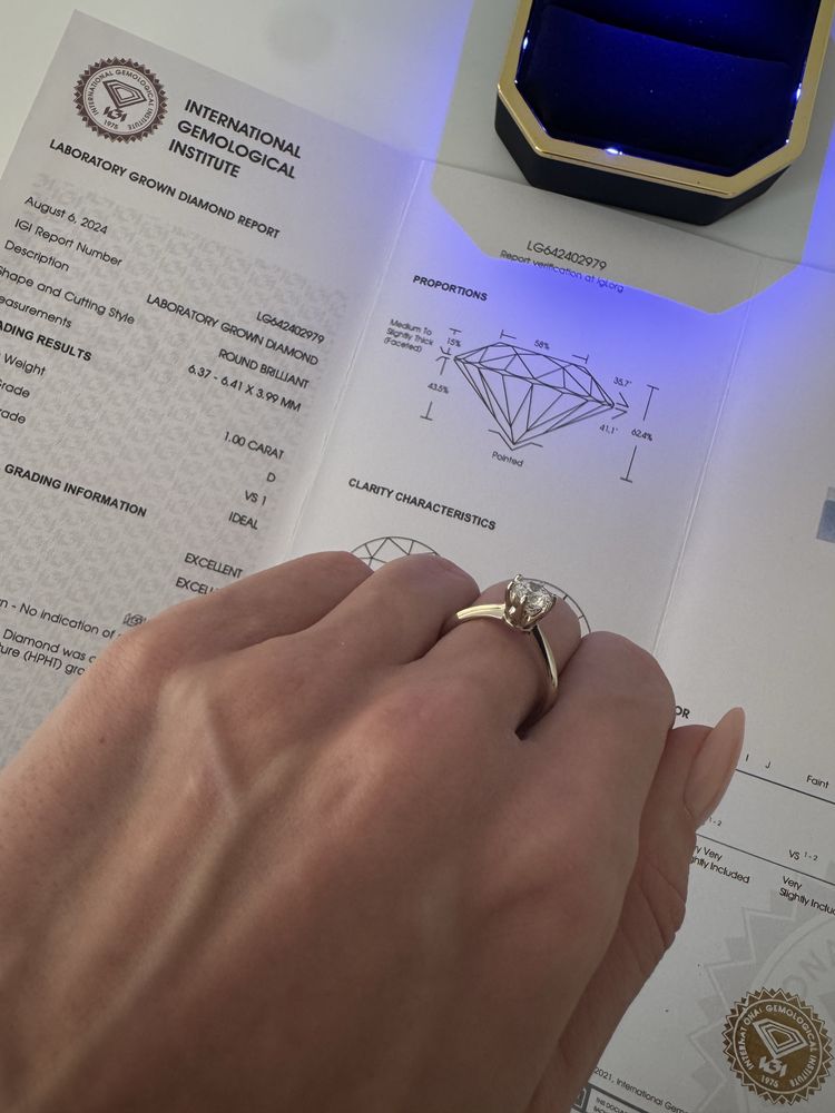 Pierścionek z diamentem 1 CT VS1 D, certyfikat IGI, brylantem, 585