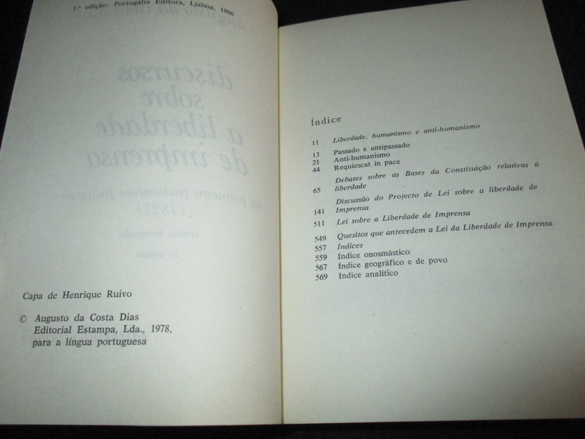 Livro Discursos sobre a Liberdade de Imprensa 1821 Estampa