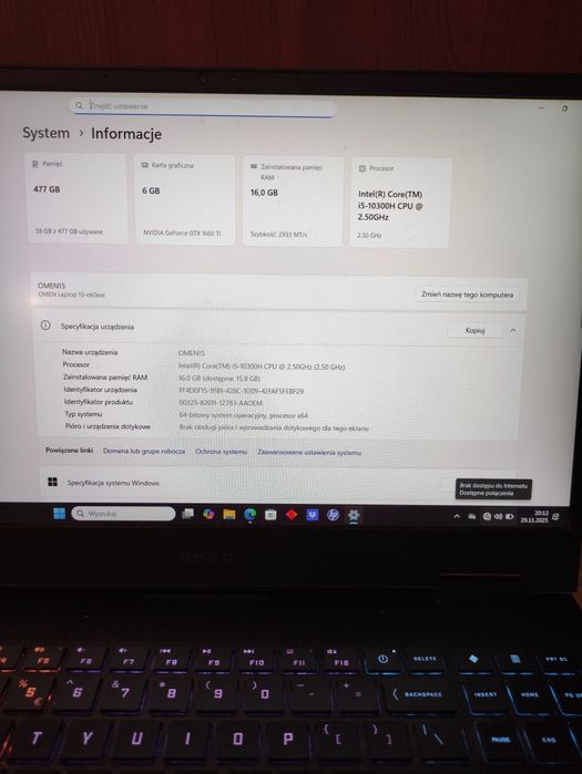 HP Omen 15-ek0026nw i5 16/512GB GTX 1660Ti Windows 11