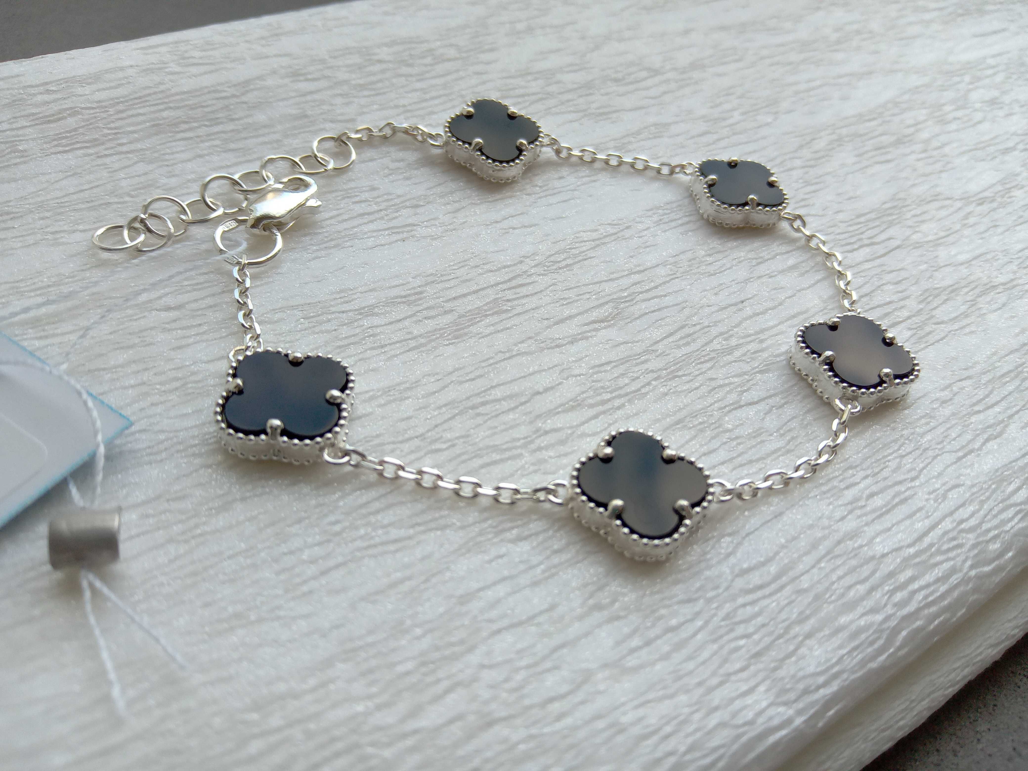 Серебряный браслет Van Cleef Ван Клиф клевер черный оникс 18 19 20 см