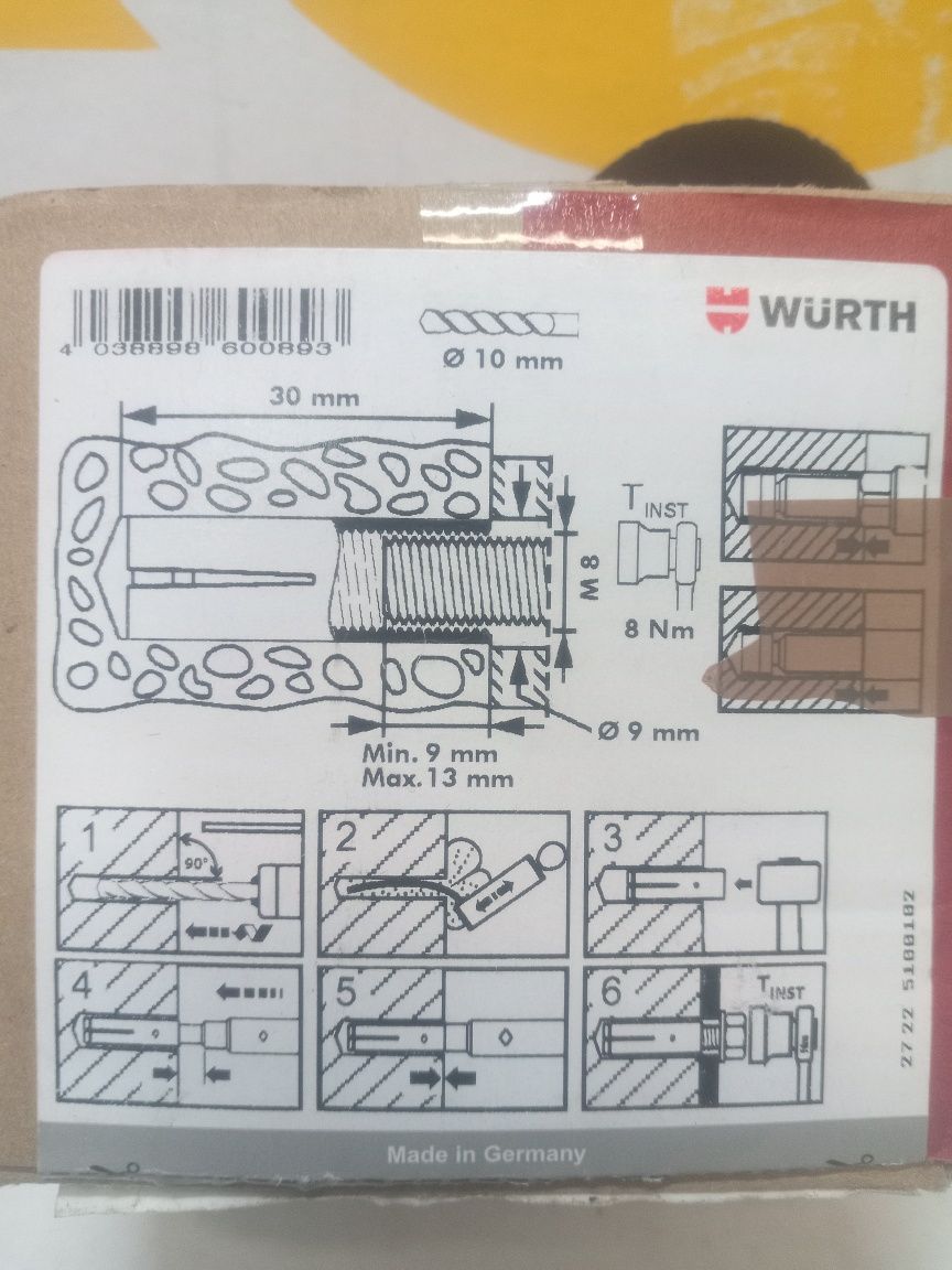 Kotwa mocująca WURTH stalowa m8x30mm,2x 100sztuk