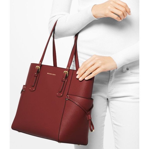 Michael Kors Voyager Small Crossgrain Leather Tote Bag Brandy