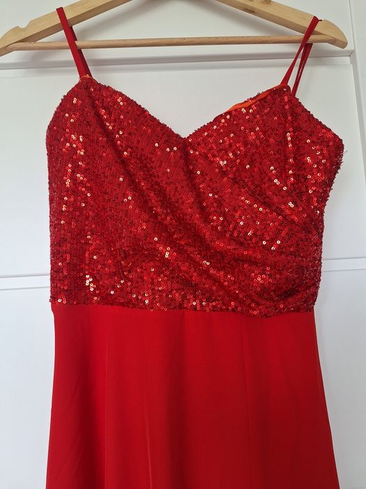 Długa, elegancka czerwona sukienka 36, cekiny ślub, wesele, maxi