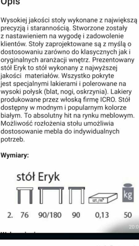 Stol Eryk II -Rozkladany bialy polysk