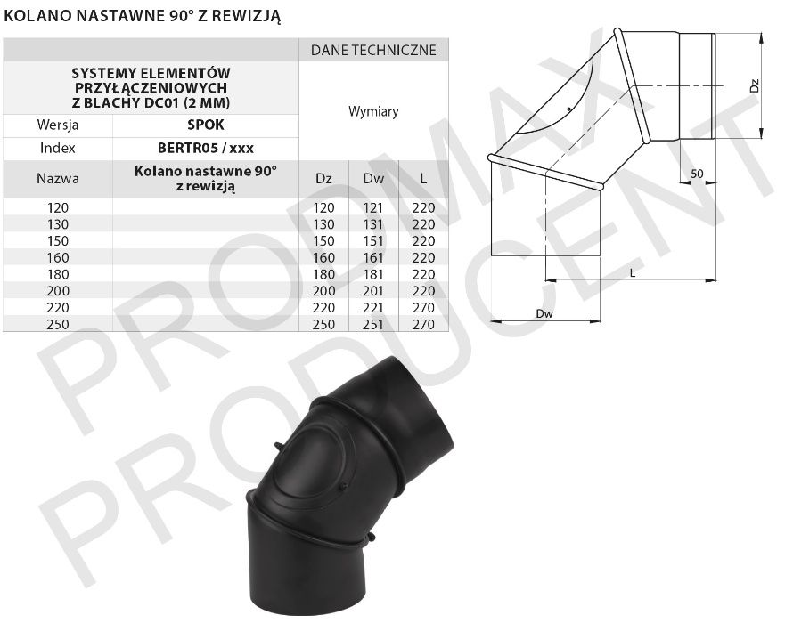 Kolano 90 FI 180 Stal Czarna 2 mm Wkład Kominek PRODUCENT!!!